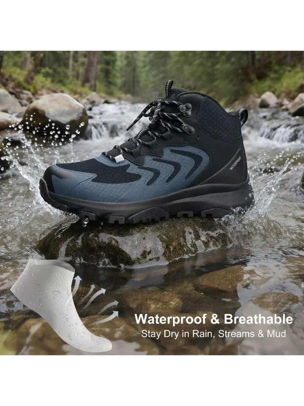 Men's Black Waterproof Shoes Casual Solid Mid Top Cap Toe Non Slip Hiking Boot